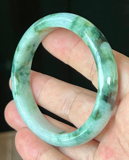 Natural Certified Burmese Jadeite Jade Bangle – Icy Apple Green & Imperial Green with Bluish Milky White and Black Hues – 57.7mm – JB561