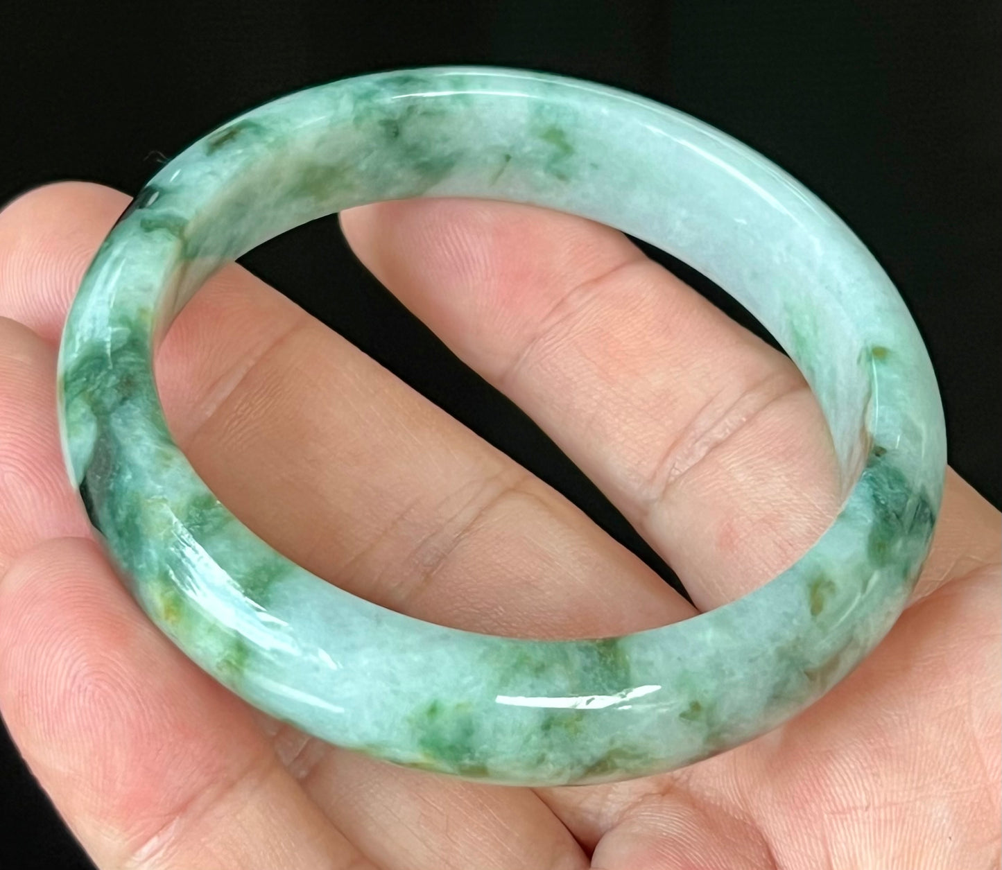 Natural Certified Burmese Jadeite Jade Bangle – Icy Apple Green & Imperial Green with Bluish Milky White and Black Hues – 57.7mm – JB561