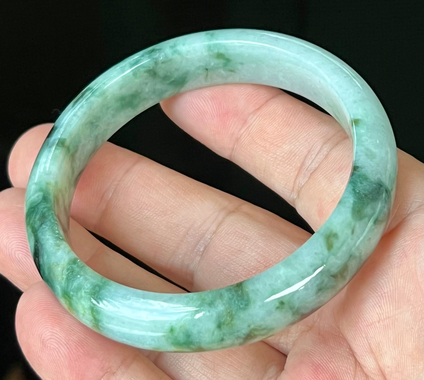 Natural Certified Burmese Jadeite Jade Bangle – Icy Apple Green & Imperial Green with Bluish Milky White and Black Hues – 57.7mm – JB561