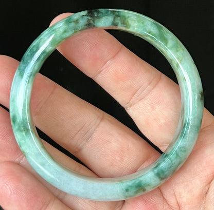Natural Certified Burmese Jadeite Jade Bangle – Icy Apple Green & Imperial Green with Bluish Milky White and Black Hues – 57.7mm – JB561