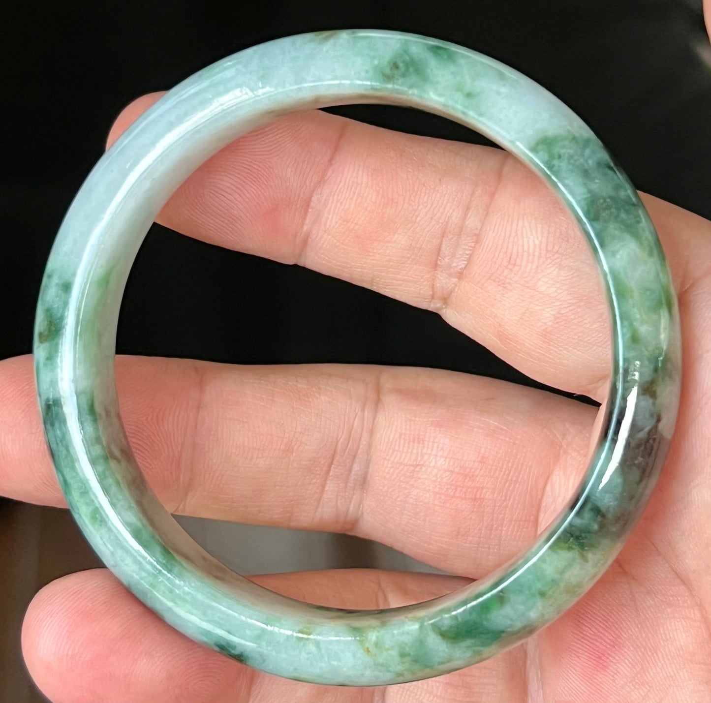 Natural Certified Burmese Jadeite Jade Bangle – Icy Apple Green & Imperial Green with Bluish Milky White and Black Hues – 57.7mm – JB561