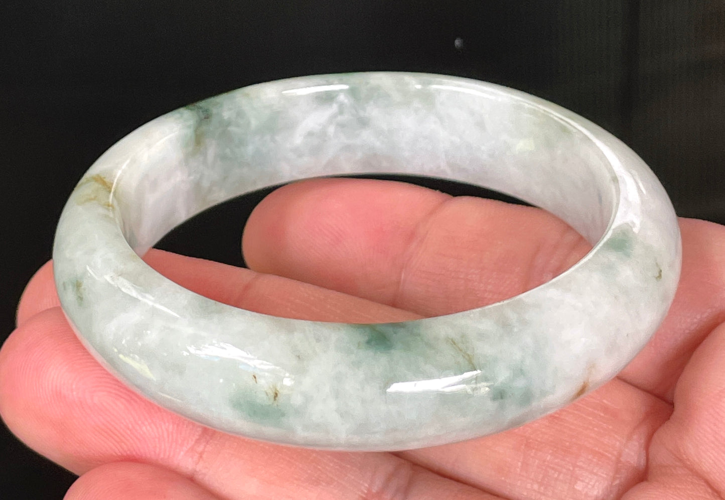 Natural Certified Burmese Jadeite Jade Bangle – Rare Icy Greyish Milky White with Imperial & Apple Green – 54.7mm – JB824