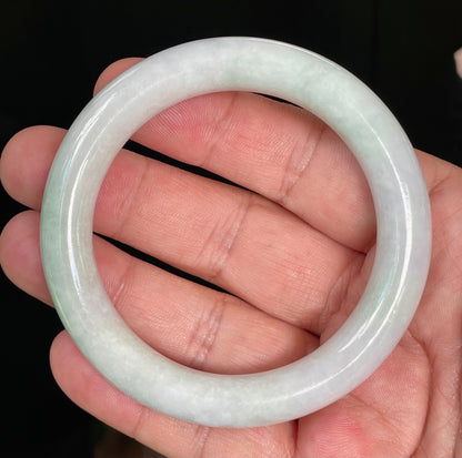 Natural Certified Burmese Jadeite Jade Bangle – Icy Milky White & Imperial Green – Princess Cut – 55.9mm – JB807