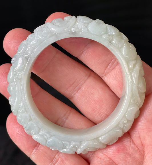 Natural Certified Burmese Jadeite Jade Bangle – Icy Apple Green – Hand-Carved Floral Motif – 50.7mm – JB810