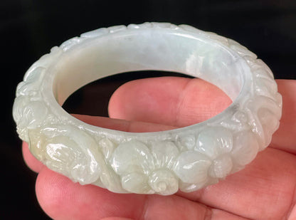 Natural Certified Burmese Jadeite Jade Bangle – Icy Apple Green – Hand-Carved Floral Motif – 50.7mm – JB810