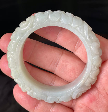 Natural Certified Burmese Jadeite Jade Bangle – Icy Apple Green – Hand-Carved Floral Motif – 50.7mm – JB810