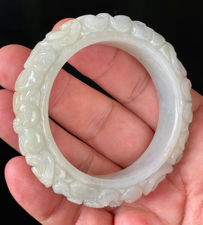 Natural Certified Burmese Jadeite Jade Bangle – Icy Apple Green – Hand-Carved Floral Motif – 50.7mm – JB810
