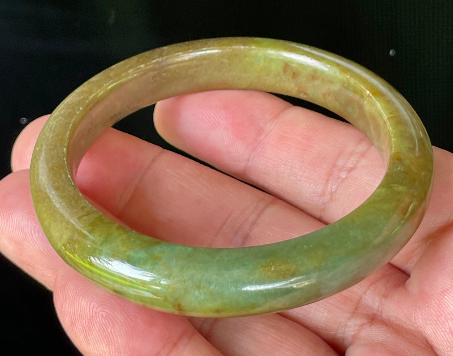 Natural Certified Burmese Jadeite Jade Bangle – Icy Apple & Moss Green with Honey Red Hues – 55mm – JB873