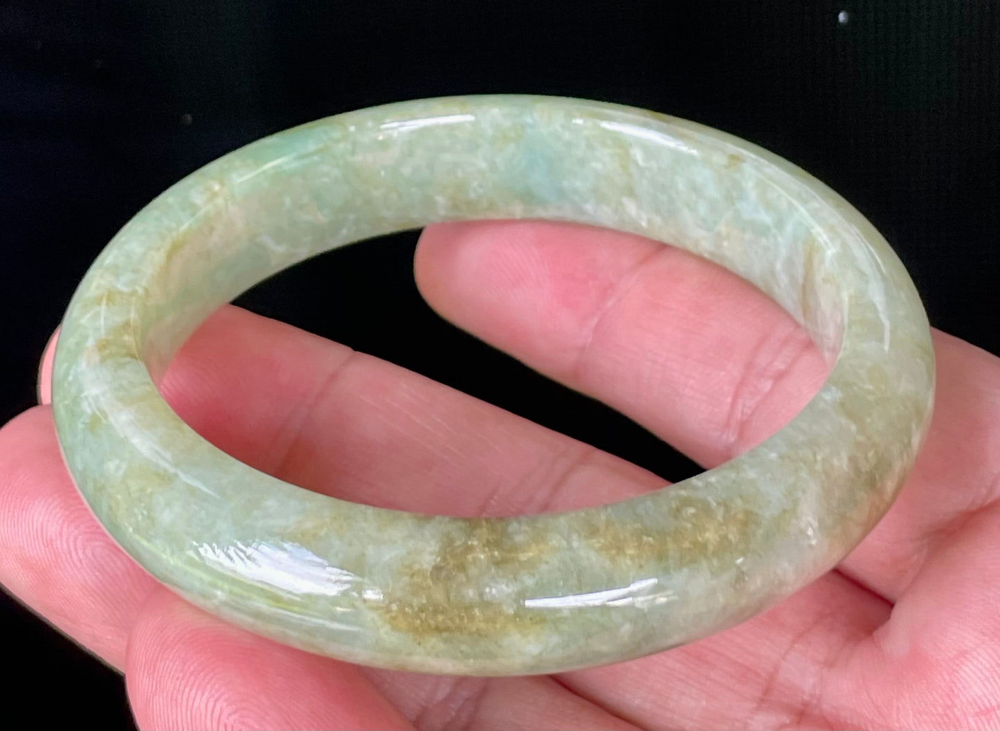 Natural Certified Burmese Jadeite Jade Bangle – Icy Apple Green, Milky White & Honey Brown – 58.2mm – JB830