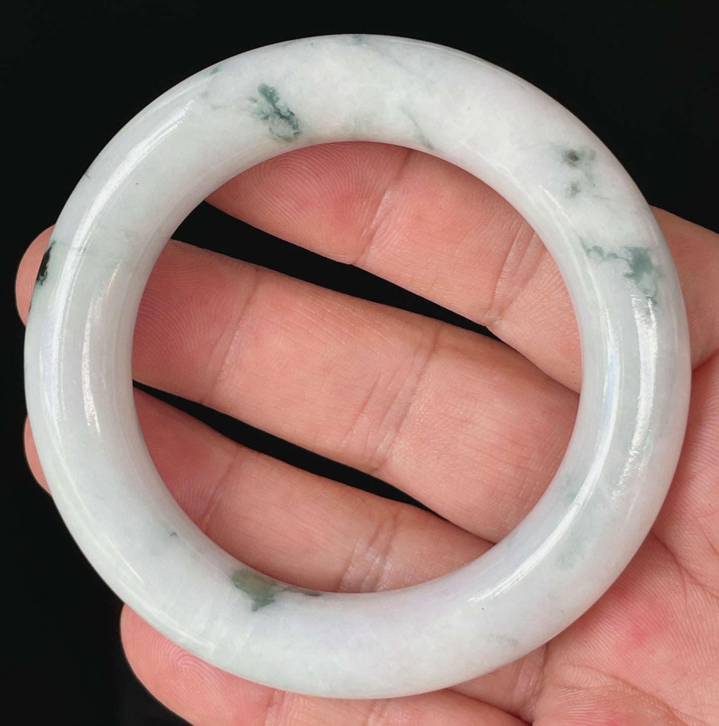 Natural Certified Burmese Jadeite Jade Bangle – Icy Milky White with Imperial Green – Princess Cut – 52.6mm – JB878