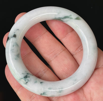 Natural Certified Burmese Jadeite Jade Bangle – Icy Milky White with Imperial Green – Princess Cut – 52.6mm – JB878
