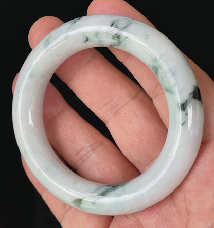 Natural Certified Burmese Jadeite Jade Bangle – Icy Milky White with Imperial Green – Princess Cut – 52.6mm – JB878