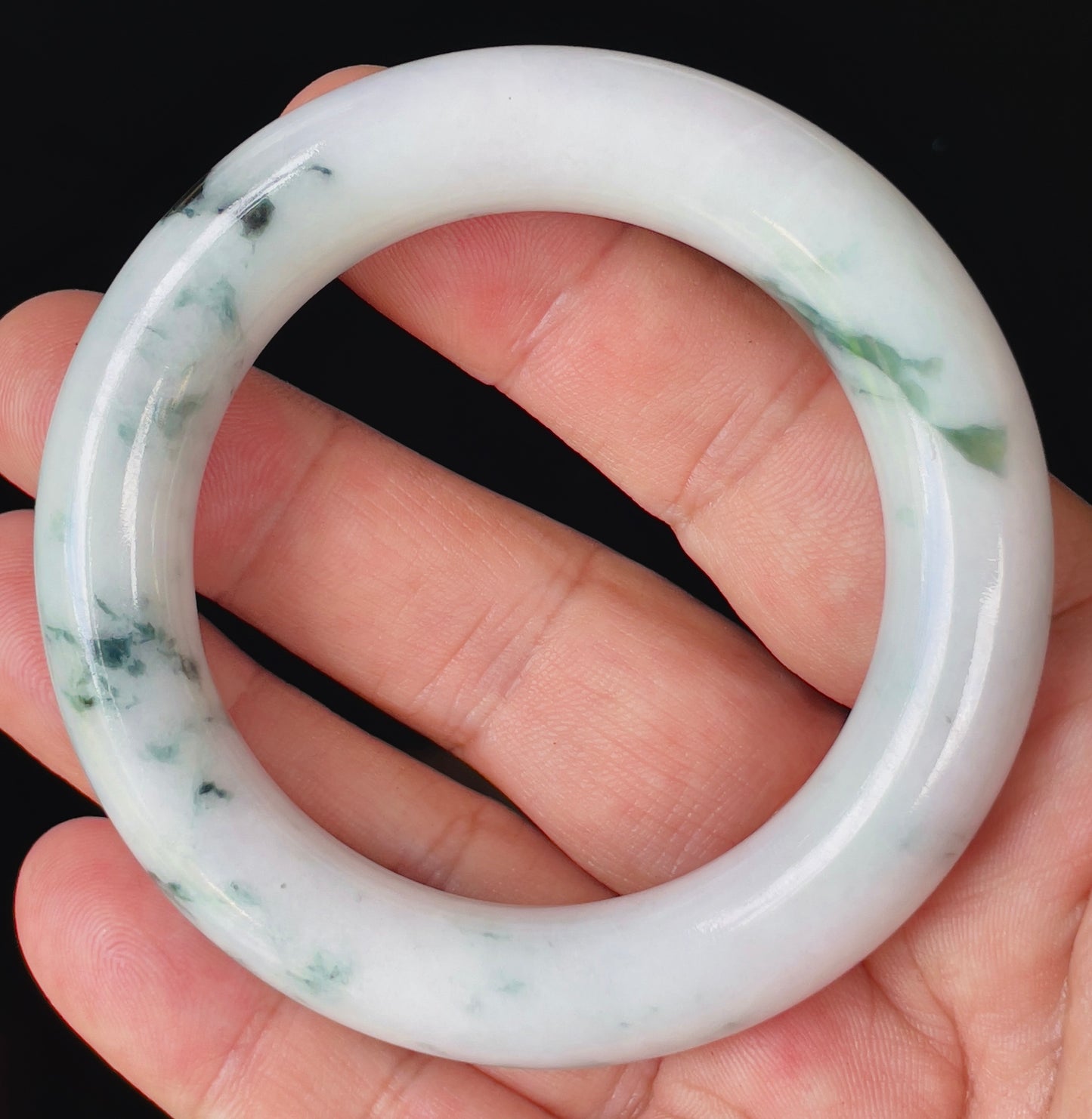 Natural Certified Burmese Jadeite Jade Bangle – Icy Milky White with Imperial Green – Princess Cut – 52.6mm – JB878