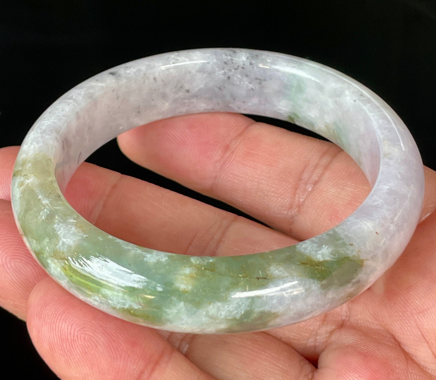 Natural Certified Burmese Jadeite Jade Bangle – Icy Milky White, Grayish, Apple Green & Black – 56.6mm – JB874