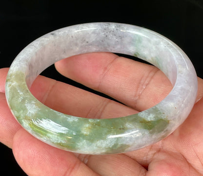 Natural Certified Burmese Jadeite Jade Bangle – Icy Milky White, Grayish, Apple Green & Black – 56.6mm – JB874