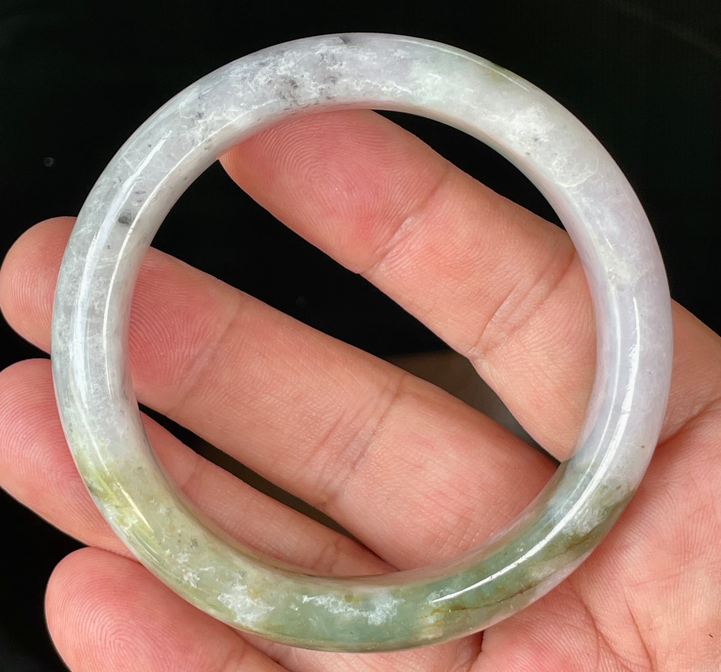Natural Certified Burmese Jadeite Jade Bangle – Icy Milky White, Grayish, Apple Green & Black – 56.6mm – JB874