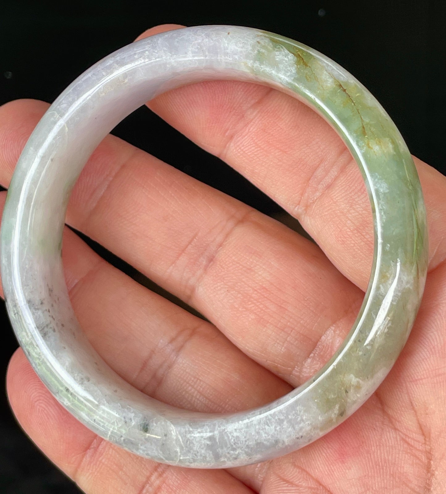 Natural Certified Burmese Jadeite Jade Bangle – Icy Milky White, Grayish, Apple Green & Black – 56.6mm – JB874