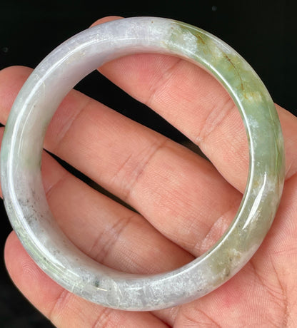 Natural Certified Burmese Jadeite Jade Bangle – Icy Milky White, Grayish, Apple Green & Black – 56.6mm – JB874