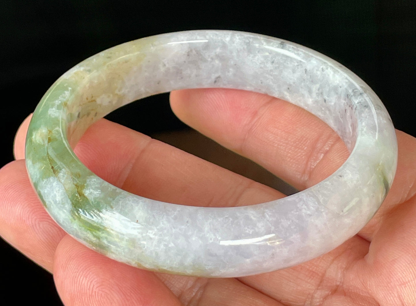 Natural Certified Burmese Jadeite Jade Bangle – Icy Milky White, Grayish, Apple Green & Black – 56.6mm – JB874