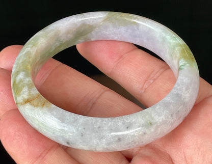 Natural Certified Burmese Jadeite Jade Bangle – Icy Milky White, Grayish, Apple Green & Black – 56.6mm – JB874