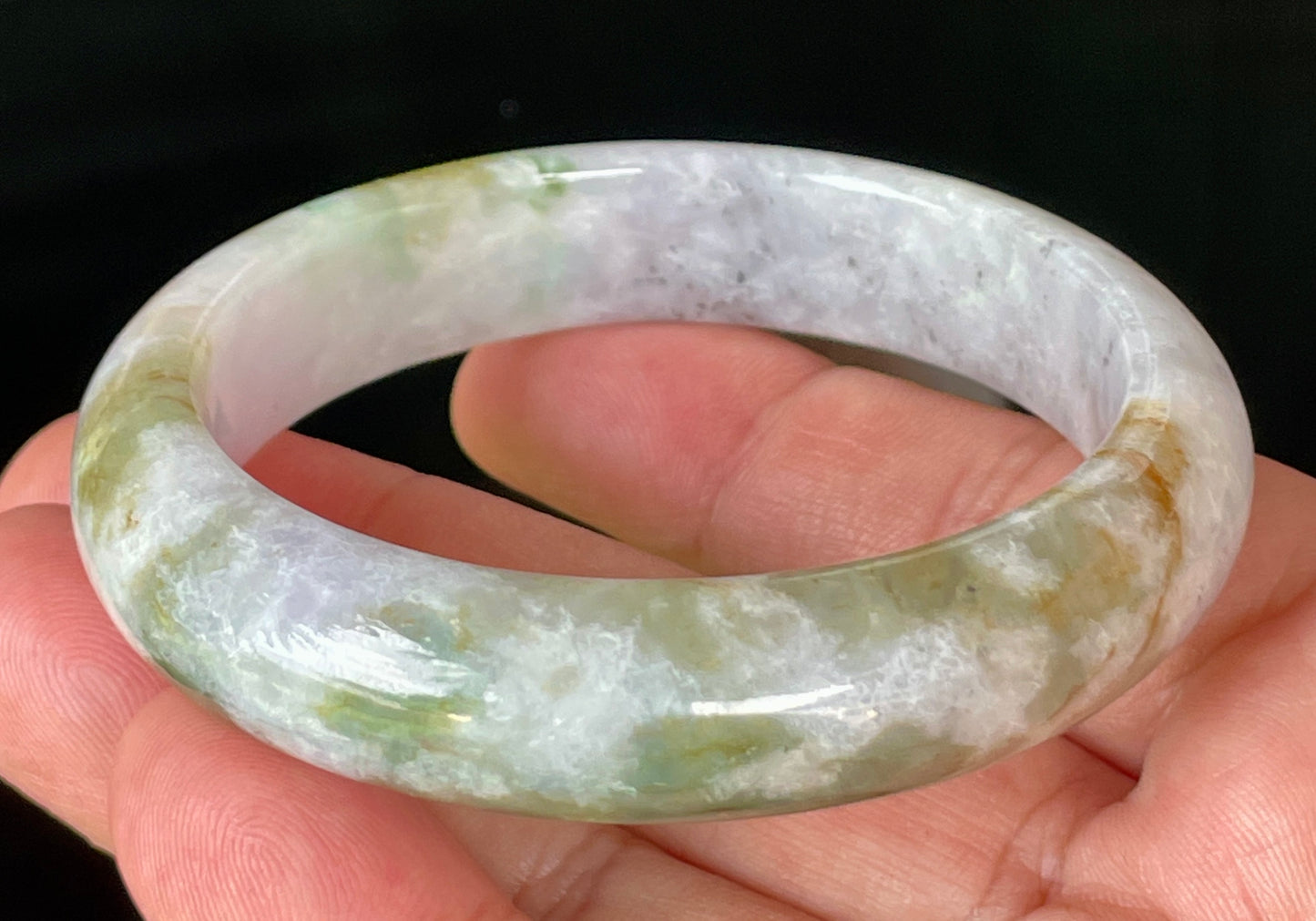 Natural Certified Burmese Jadeite Jade Bangle – Icy Milky White, Grayish, Apple Green & Black – 56.6mm – JB874