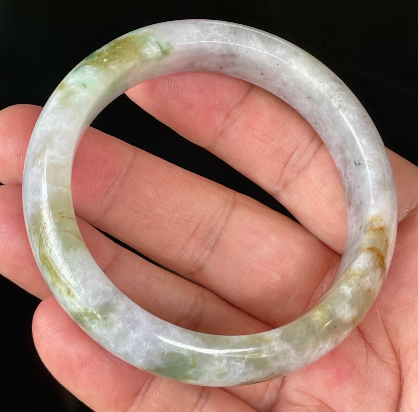 Natural Certified Burmese Jadeite Jade Bangle – Icy Milky White, Grayish, Apple Green & Black – 56.6mm – JB874