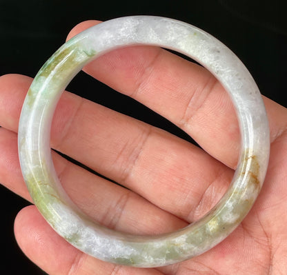 Natural Certified Burmese Jadeite Jade Bangle – Icy Milky White, Grayish, Apple Green & Black – 56.6mm – JB874