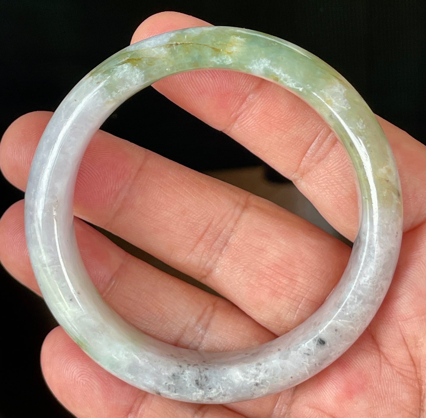 Natural Certified Burmese Jadeite Jade Bangle – Icy Milky White, Grayish, Apple Green & Black – 56.6mm – JB874