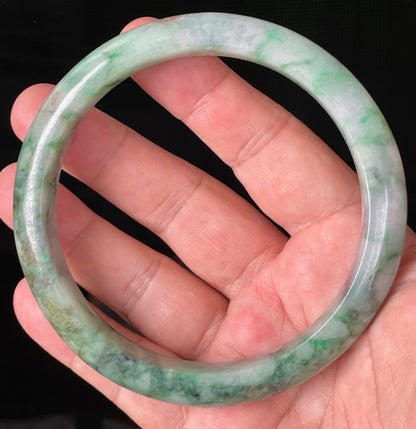Natural Certified Burmese Jadeite Jade Bangle – Icy Imperial & Apple Green with Greyish Milky White Hues – Floral Design – 77mm – JB933