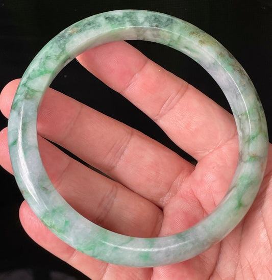 Natural Certified Burmese Jadeite Jade Bangle – Icy Imperial & Apple Green with Greyish Milky White Hues – Floral Design – 77mm – JB933