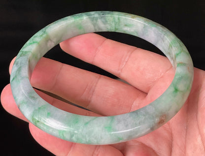 Natural Certified Burmese Jadeite Jade Bangle – Icy Imperial & Apple Green with Greyish Milky White Hues – Floral Design – 77mm – JB933