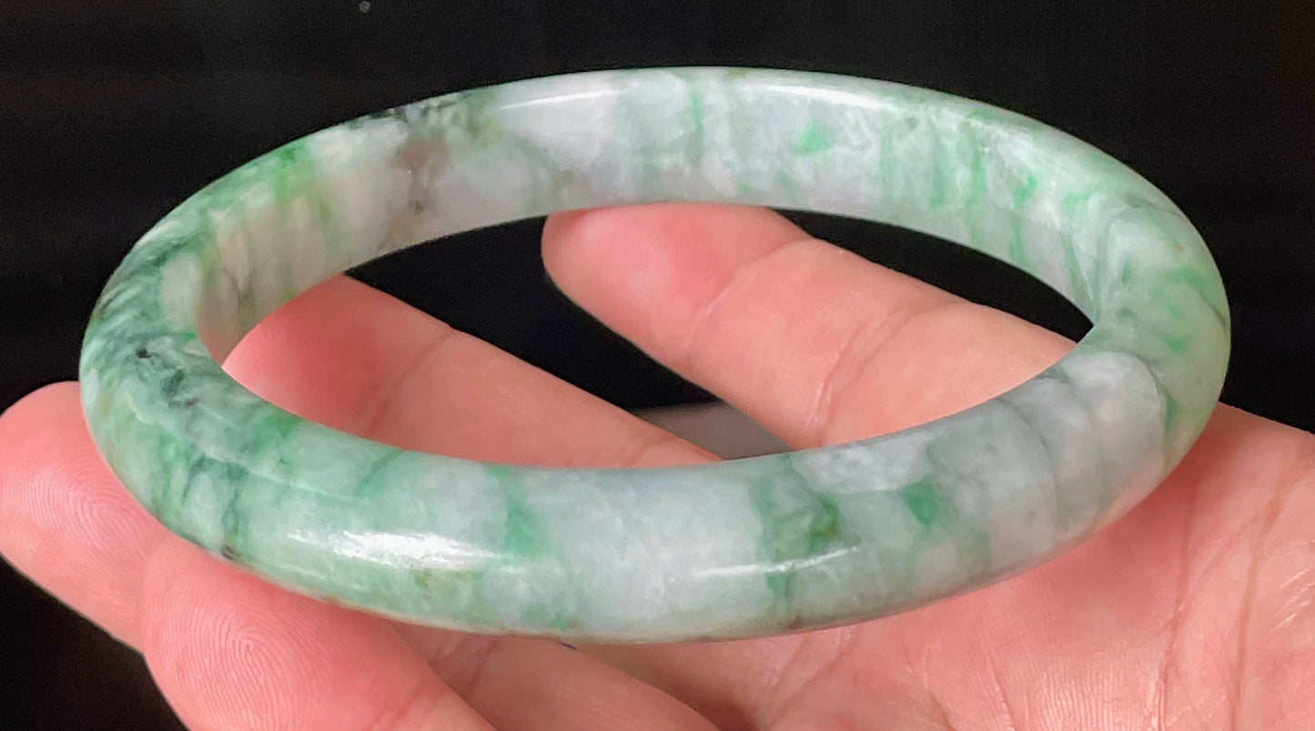 Natural Certified Burmese Jadeite Jade Bangle – Icy Imperial & Apple Green with Greyish Milky White Hues – Floral Design – 77mm – JB933