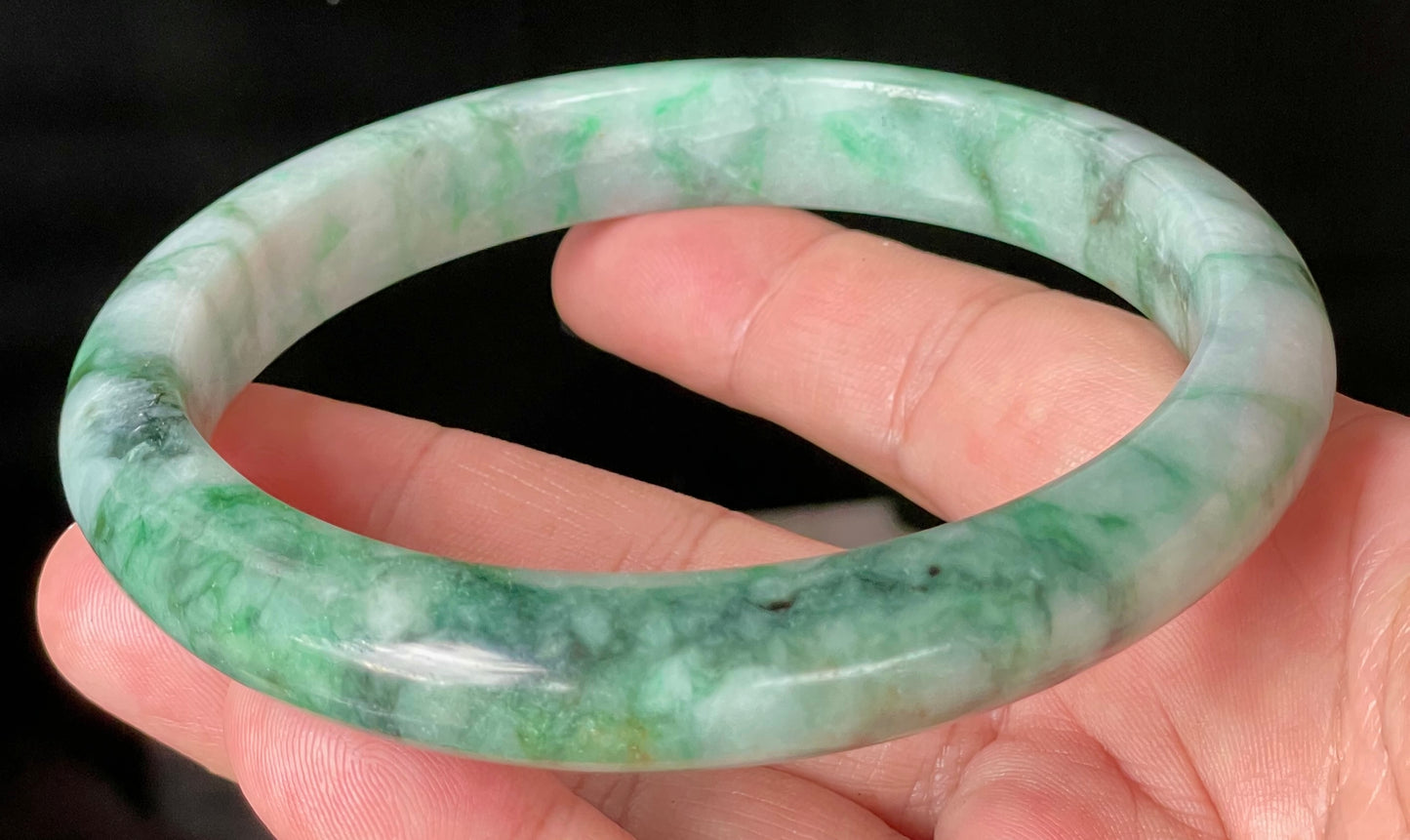 Natural Certified Burmese Jadeite Jade Bangle – Icy Imperial & Apple Green with Greyish Milky White Hues – Floral Design – 77mm – JB933