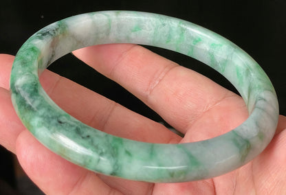Natural Certified Burmese Jadeite Jade Bangle – Icy Imperial & Apple Green with Greyish Milky White Hues – Floral Design – 77mm – JB933