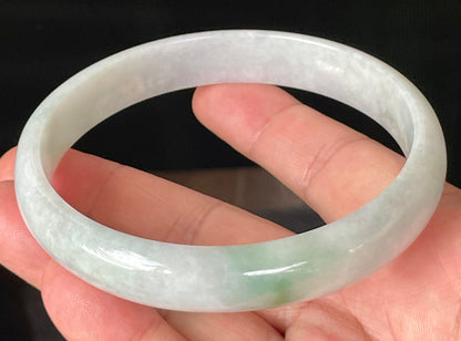 Natural Certified Burmese Jadeite Jade Bangle – Icy Greyish Milky White with Imperial Green Hue – 76.5mm – JB881