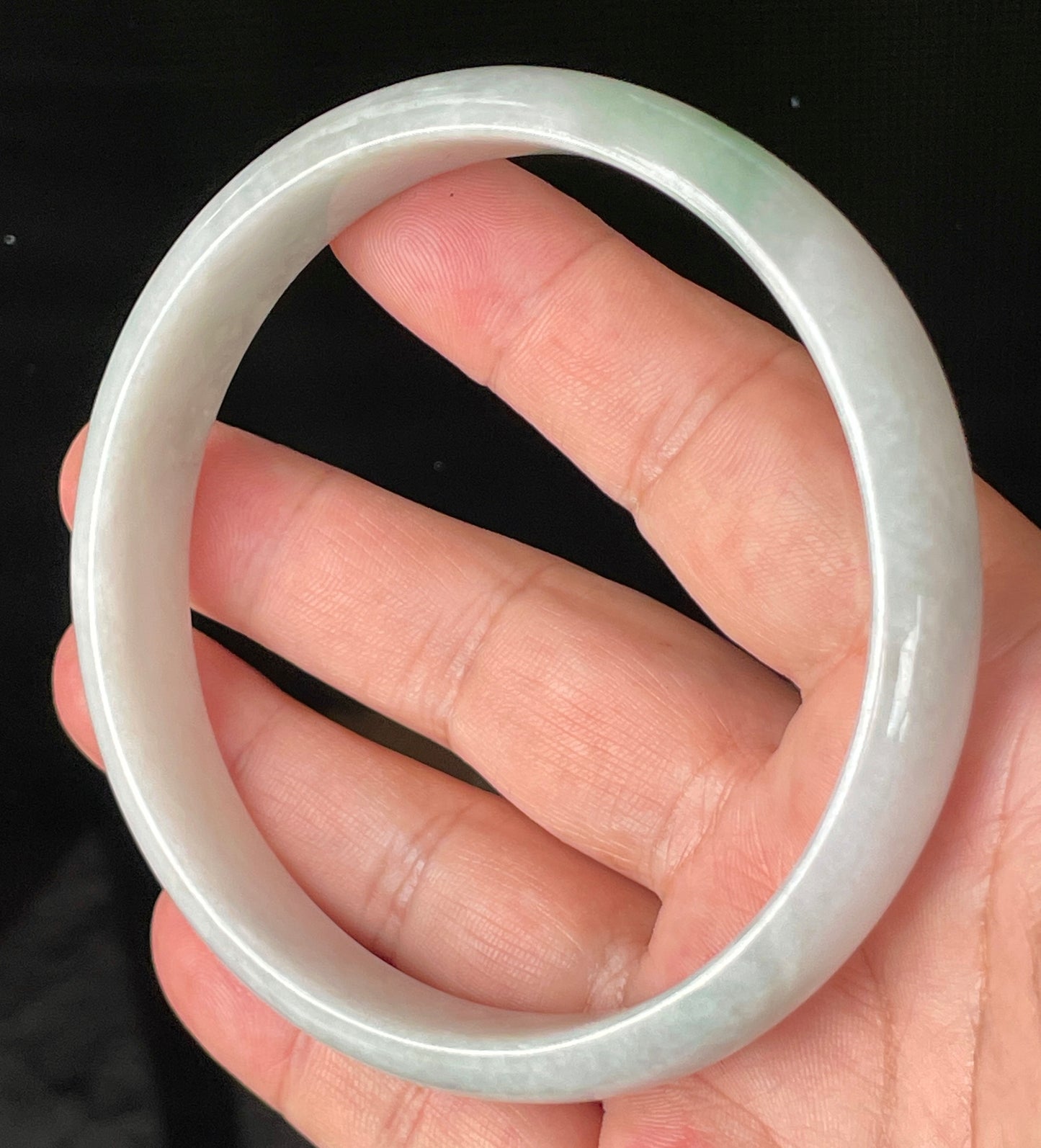 Natural Certified Burmese Jadeite Jade Bangle – Icy Greyish Milky White with Imperial Green Hue – 76.5mm – JB881