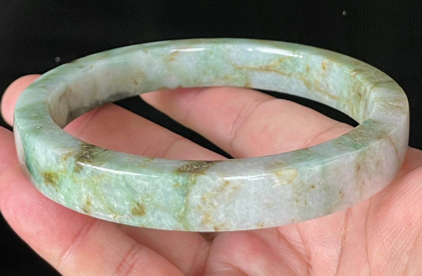 Natural Certified Burmese Jadeite Jade Bangle – Icy Apple, Imperial & Moss Green with Milky White Hues – Flat Style – 77.9mm – JB934