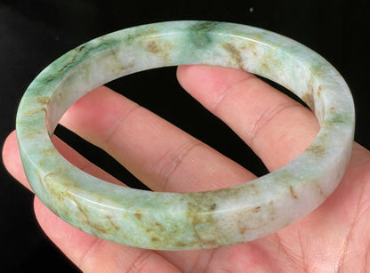 Natural Certified Burmese Jadeite Jade Bangle – Icy Apple, Imperial & Moss Green with Milky White Hues – Flat Style – 77.9mm – JB934