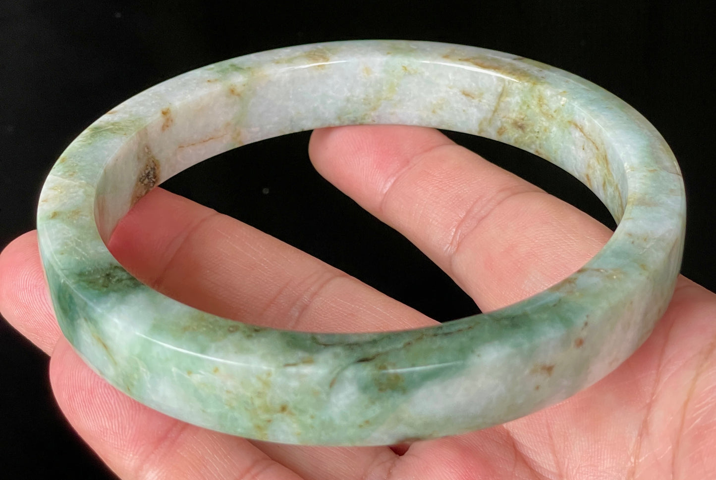 Natural Certified Burmese Jadeite Jade Bangle – Icy Apple, Imperial & Moss Green with Milky White Hues – Flat Style – 77.9mm – JB934