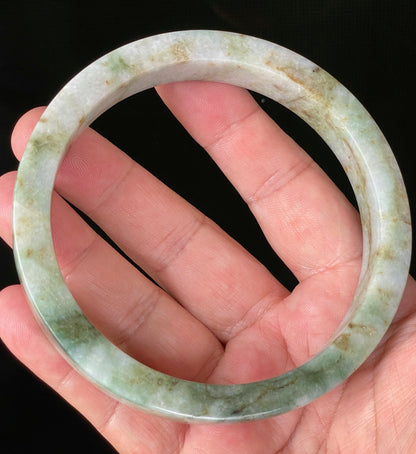 Natural Certified Burmese Jadeite Jade Bangle – Icy Apple, Imperial & Moss Green with Milky White Hues – Flat Style – 77.9mm – JB934