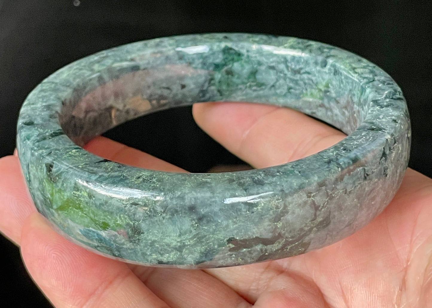 Natural Certified Burmese Jadeite Jade Bangle – Icy Black & Greyish with Apple & Moss Green Hues – Flat Style – 66.4mm – JB935