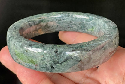 Natural Certified Burmese Jadeite Jade Bangle – Icy Black & Greyish with Apple & Moss Green Hues – Flat Style – 66.4mm – JB935