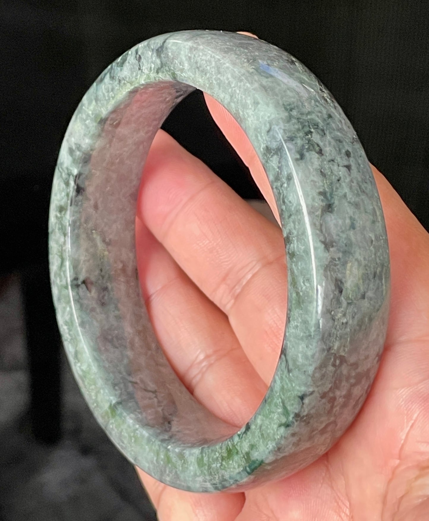 Natural Certified Burmese Jadeite Jade Bangle – Icy Black & Greyish with Apple & Moss Green Hues – Flat Style – 66.4mm – JB935