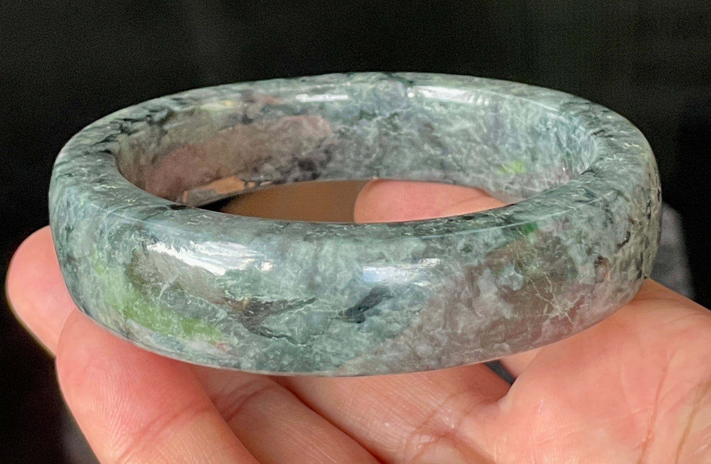 Natural Certified Burmese Jadeite Jade Bangle – Icy Black & Greyish with Apple & Moss Green Hues – Flat Style – 66.4mm – JB935