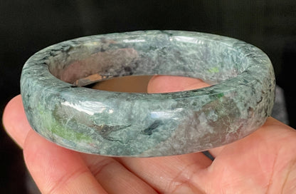 Natural Certified Burmese Jadeite Jade Bangle – Icy Black & Greyish with Apple & Moss Green Hues – Flat Style – 66.4mm – JB935