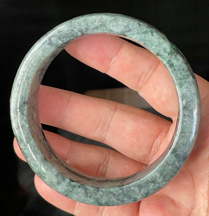 Natural Certified Burmese Jadeite Jade Bangle – Icy Black & Greyish with Apple & Moss Green Hues – Flat Style – 66.4mm – JB935