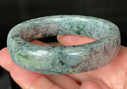 Natural Certified Burmese Jadeite Jade Bangle – Icy Black & Greyish with Apple & Moss Green Hues – Flat Style – 66.4mm – JB935