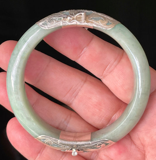 Natural Certified Burmese Jadeite Jade Bangle – Icy Apple Green – Adjustable 92.5 Silver Clasp – 60.3mm – JB936