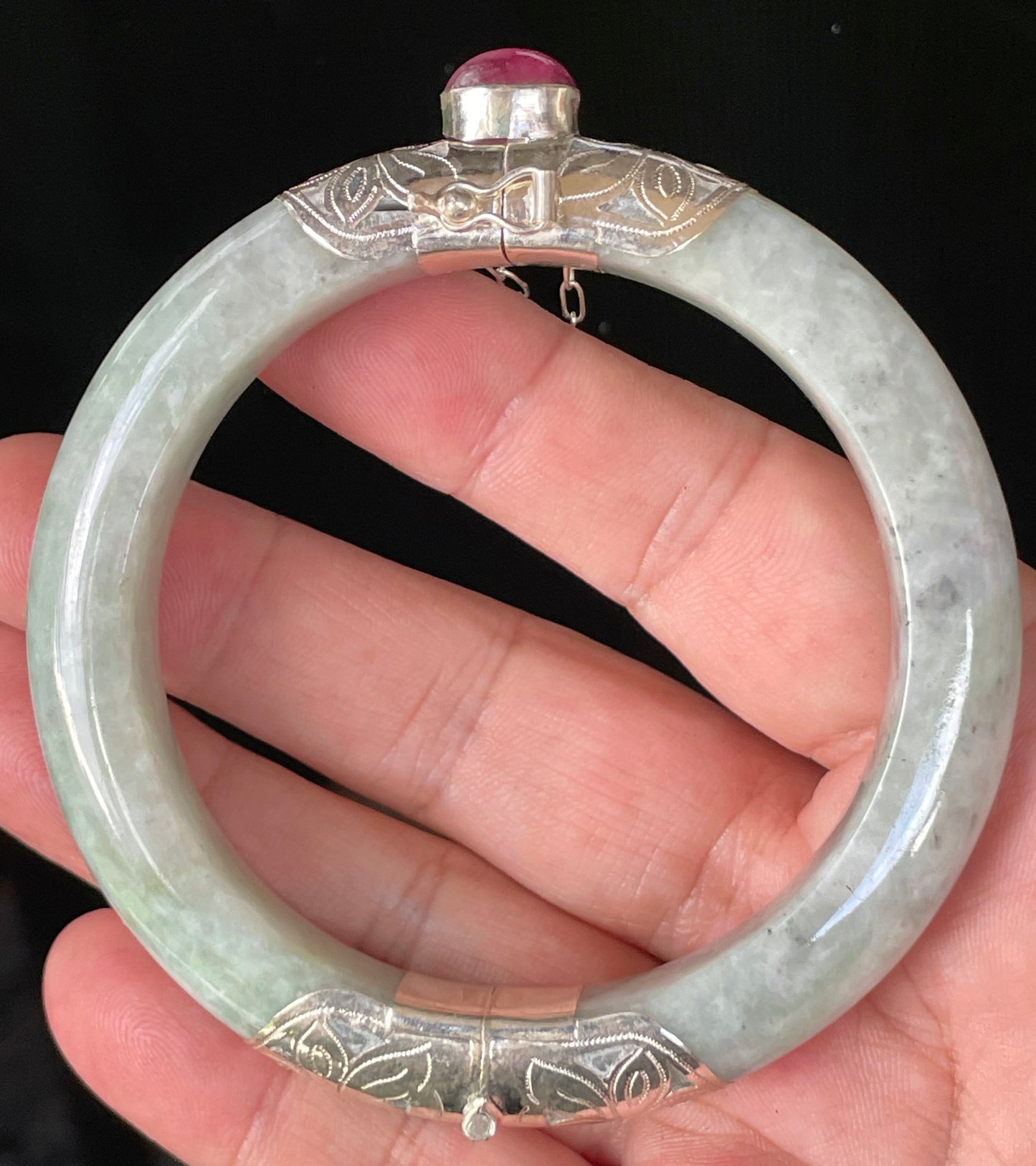 Natural Certified Burmese Jadeite Jade Bangle – Icy Grey & Milky White – Adjustable 92.5 Silver Clasp with Burma Ruby – 62mm – JB869