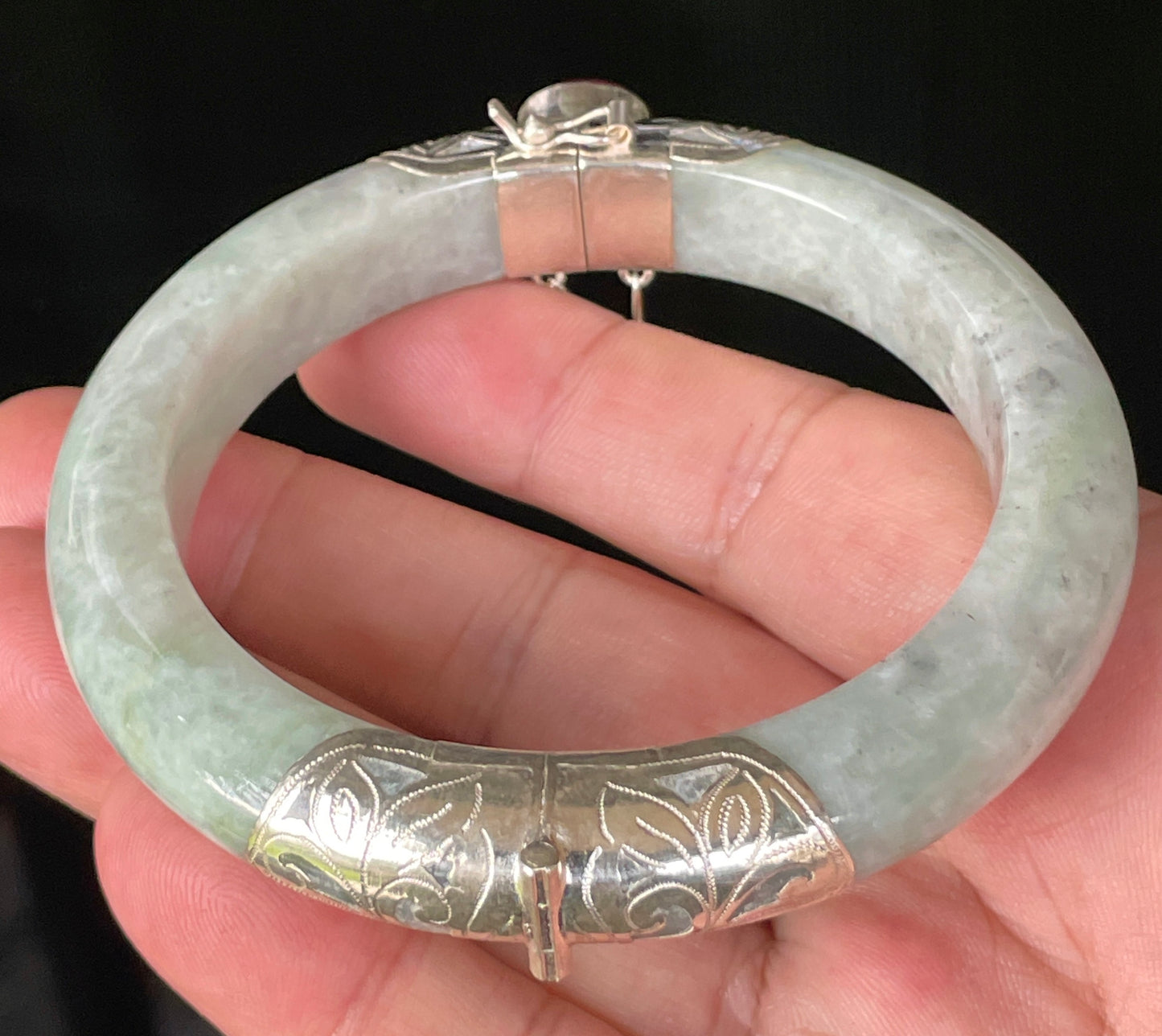 Natural Certified Burmese Jadeite Jade Bangle – Icy Grey & Milky White – Adjustable 92.5 Silver Clasp with Burma Ruby – 62mm – JB869